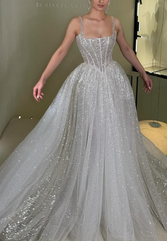Square Straps Sparkly Ball Gown Wedding Dress