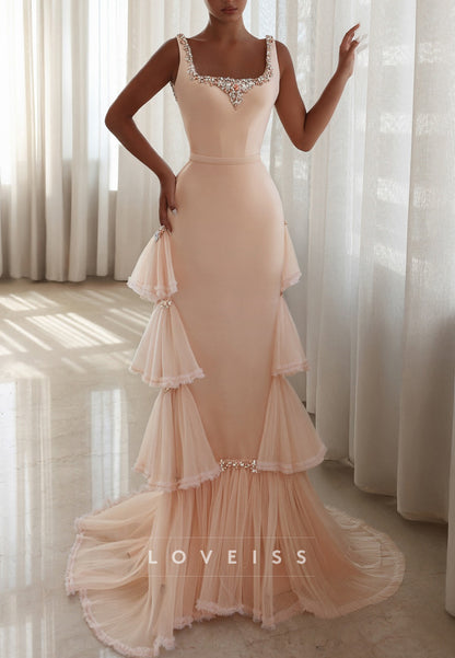 Square Tiered Beaded Straps Tulle Satin Sheath Evening Dress