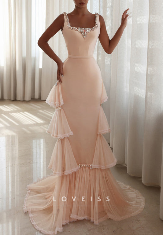 Square Tiered Beaded Straps Tulle Satin Sheath Evening Dress
