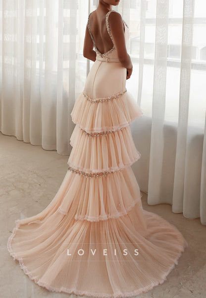 Square Tiered Beaded Straps Tulle Satin Sheath Evening Dress