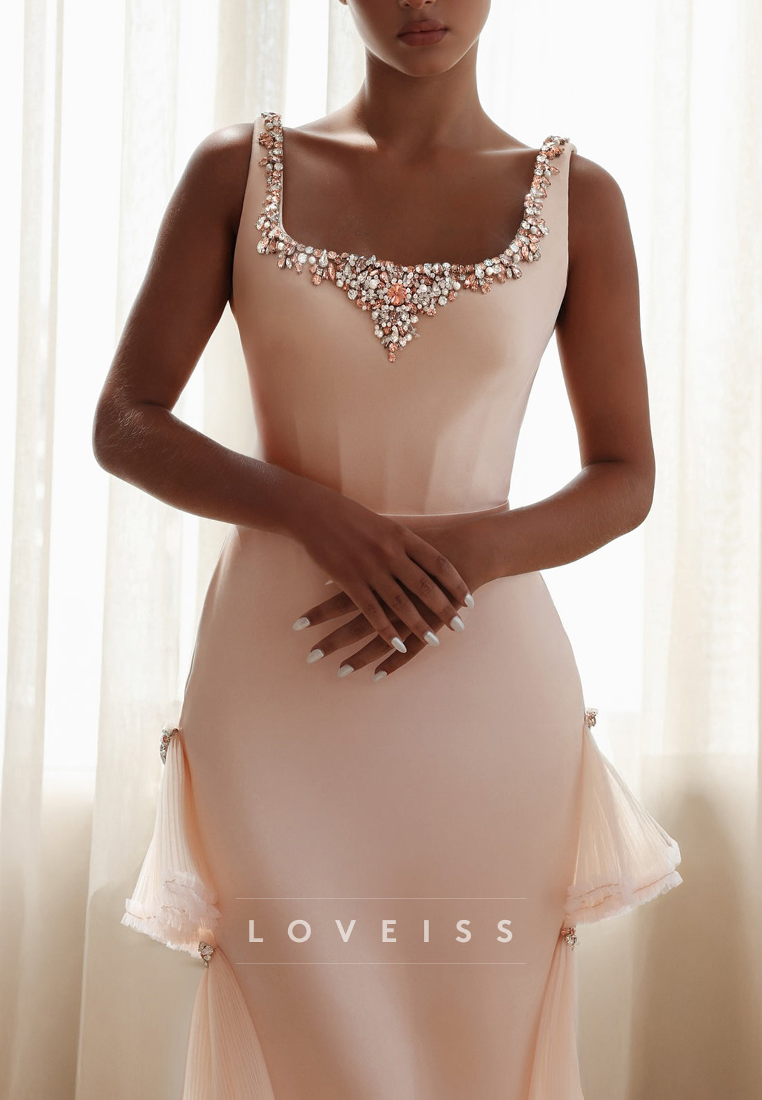 Square Tiered Beaded Straps Tulle Satin Sheath Evening Dress