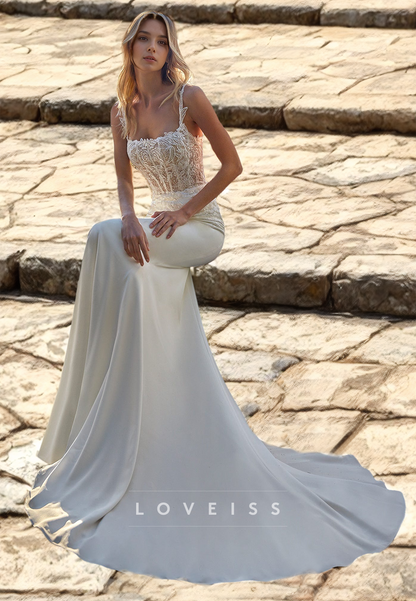 Squrae Spaghetti Straps Appliques Sleek Mermaid Wedding Dress