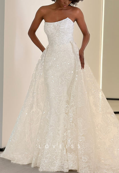 Straight Across Appliques Mermaid Sparkly Wedding Dress