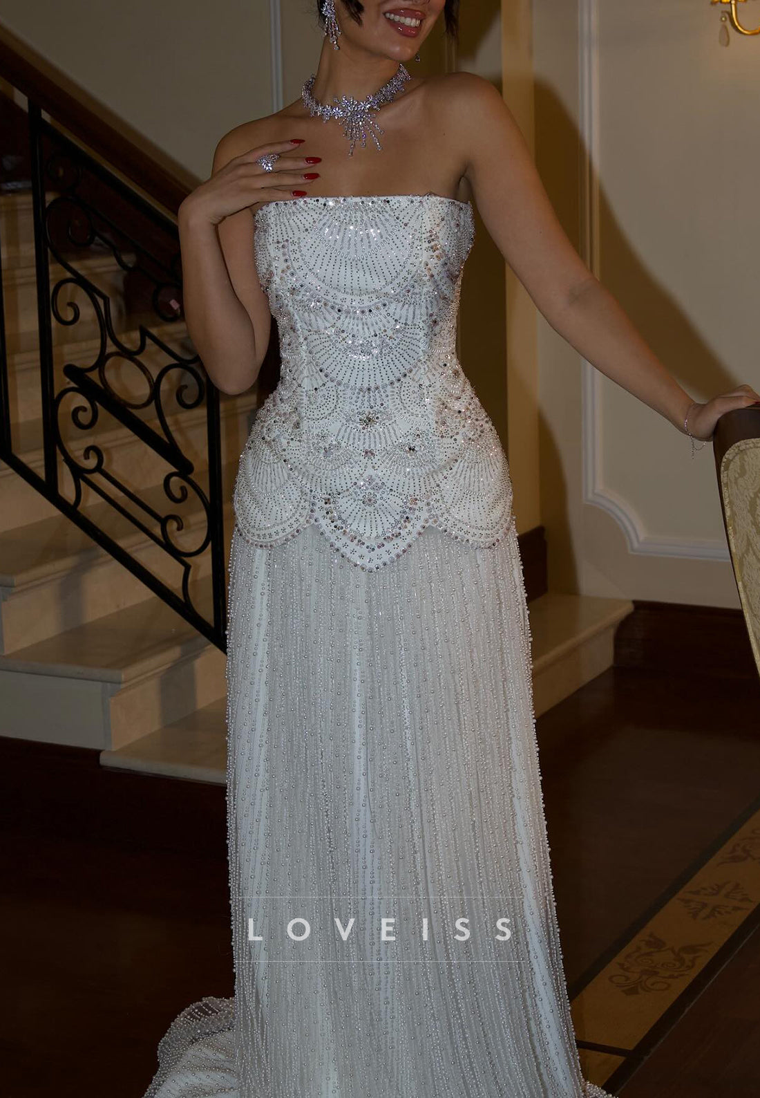 Straight Accross Beaded Embroidery A-Line Sparkly Wedding Dress