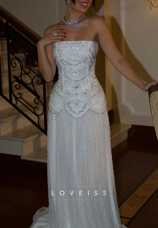 Straight Accross Beaded Embroidery A-Line Sparkly Wedding Dress