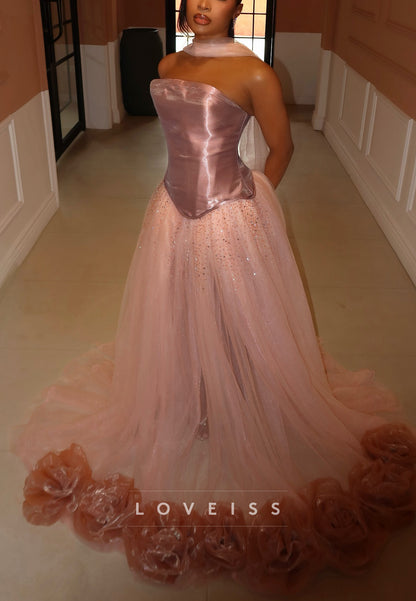 Straight Across 3D Floral Corset Tulle A-Line Prom Dress