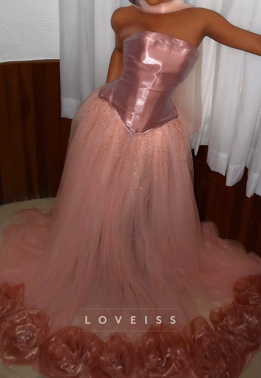 Straight Across 3D Floral Corset Tulle A-Line Prom Dress