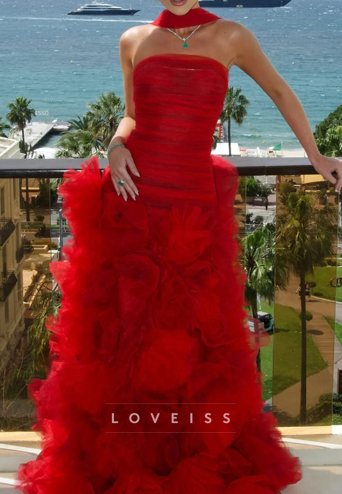 Straight Across 3D Floral Pleated A-Line Prom Dress