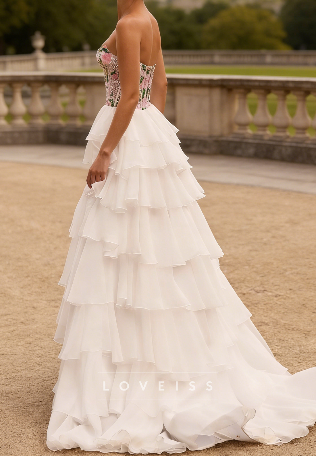 Straight Across Beaded Appliques Tiered A-Line Prom Dress