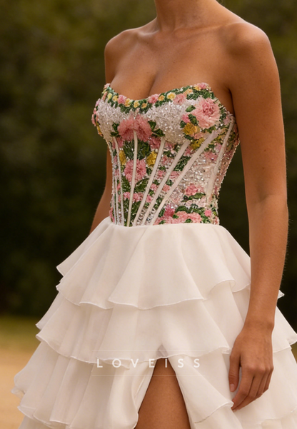 Straight Across Beaded Appliques Tiered A-Line Prom Dress