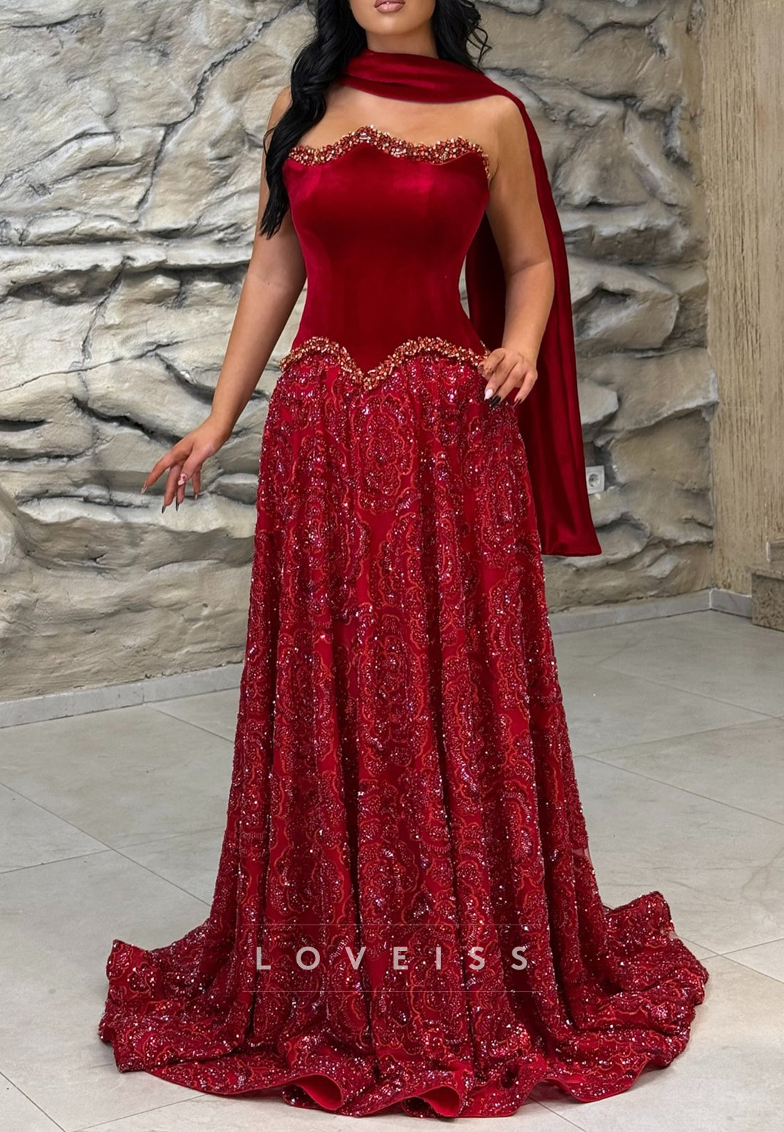 Straight Across Beaded Embroidery A-Line Prom Dress