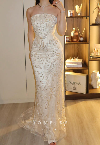 Straight Across Beaded Embroidery Mermaid Prom Dress