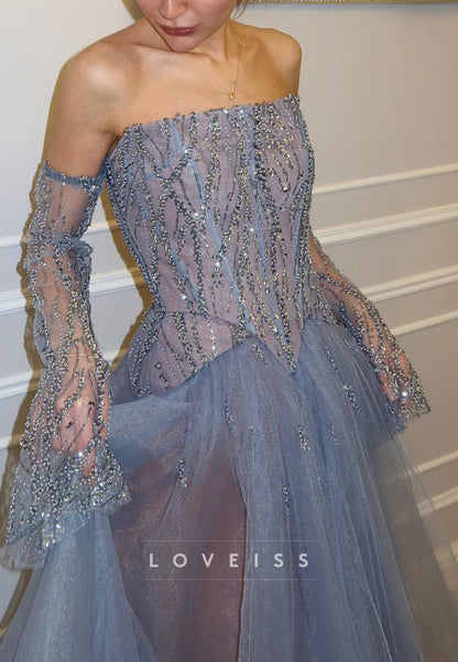 Straight Across Beaded Embroidery Tulle A-Line Prom Dress