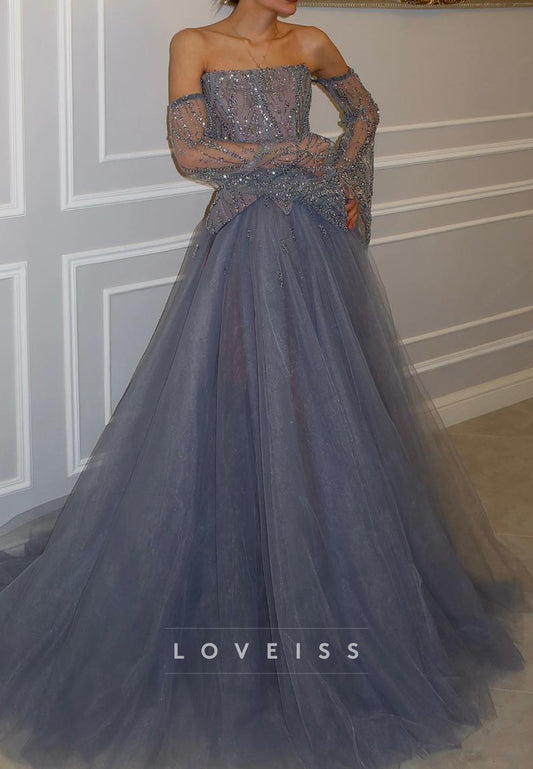 Straight Across Beaded Embroidery Tulle A-Line Prom Dress