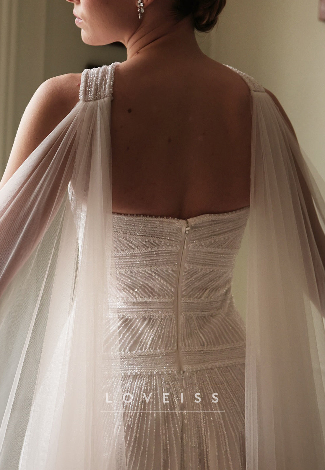 Straight Across Beaded Embroidery Tulle A-Line Weddding Dress