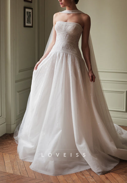 Straight Across Beaded Embroidery Tulle A-Line Weddding Dress