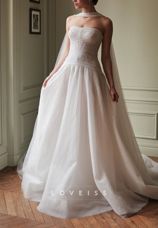 Straight Across Beaded Embroidery Tulle A-Line Weddding Dress