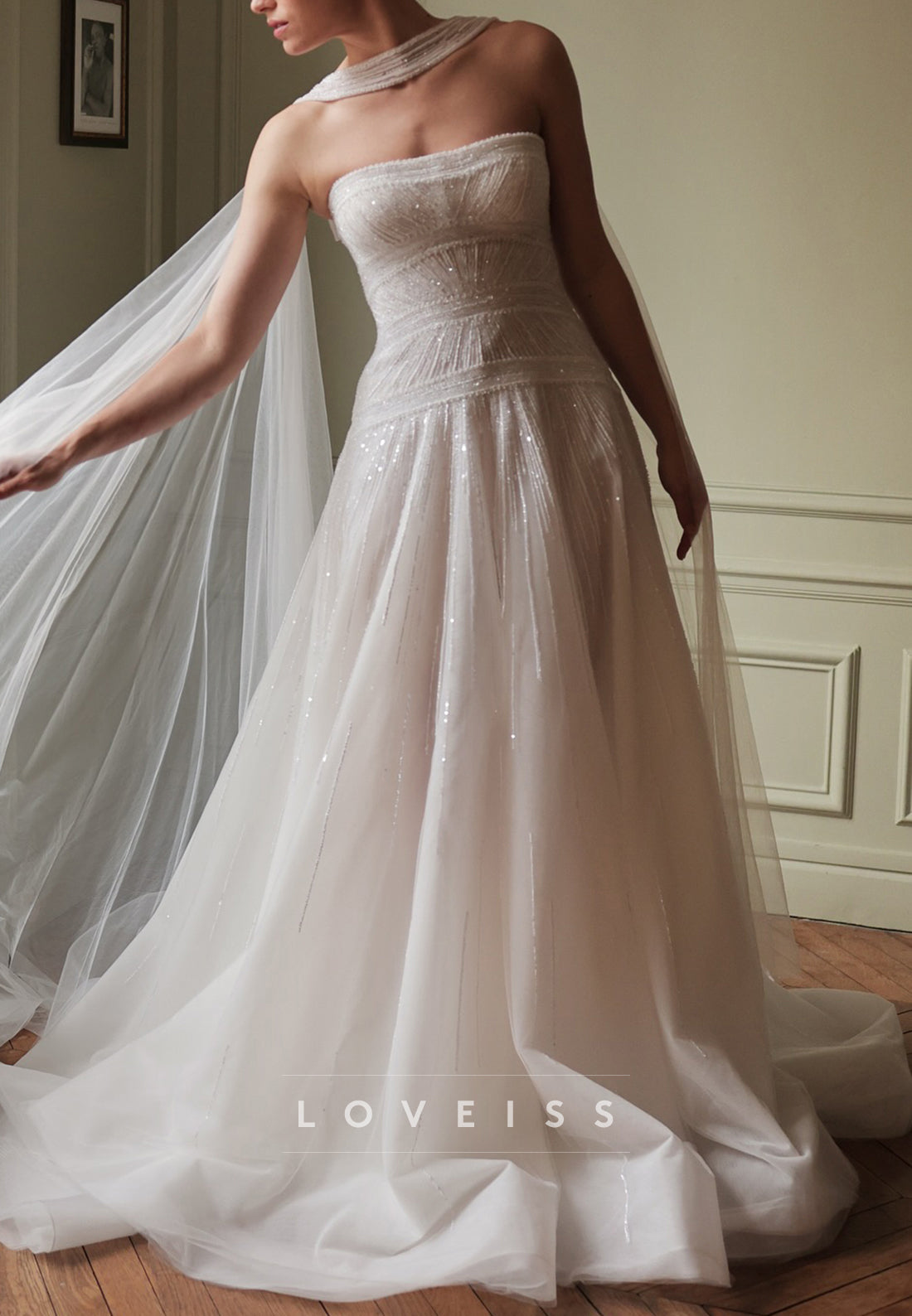Straight Across Beaded Embroidery Tulle A-Line Weddding Dress