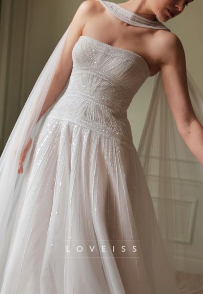Straight Across Beaded Embroidery Tulle A-Line Weddding Dress