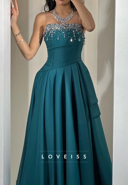 Straight Across Beaded Satin A-Line Long Evening Dress