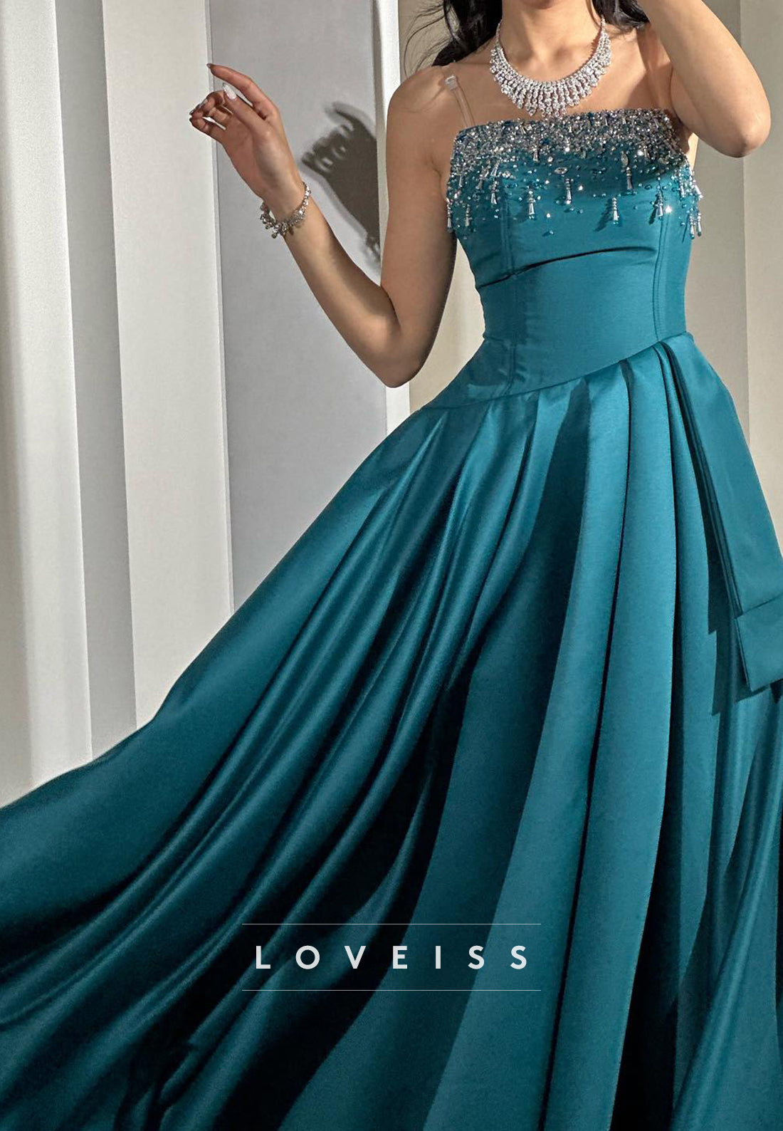 Straight Across Beaded Satin A-Line Long Evening Dress