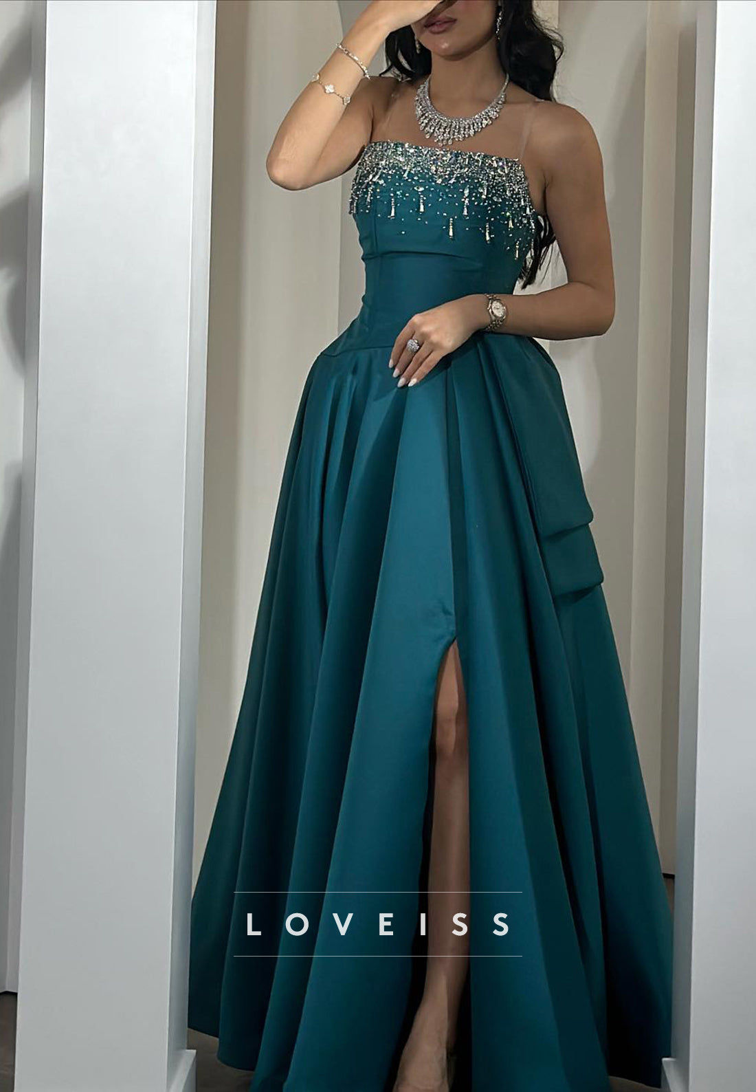 Straight Across Beaded Satin A-Line Long Evening Dress