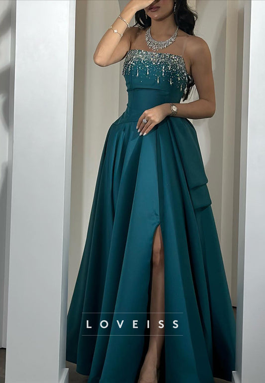Straight Across Beaded Satin A-Line Long Evening Dress