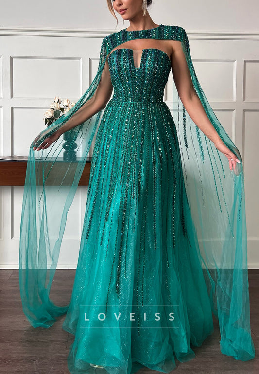 Straight Across Beaded Sequins Tulle A-Line Sparkly Prom Dress