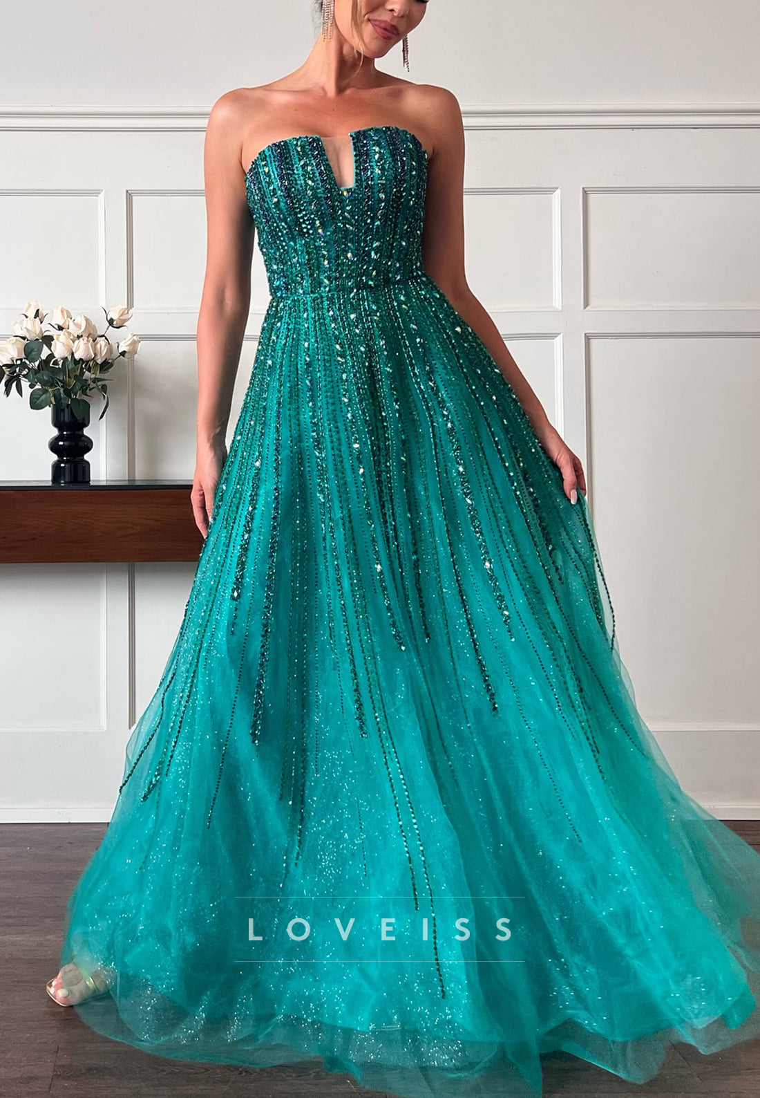Straight Across Beaded Sequins Tulle A-Line Sparkly Prom Dress