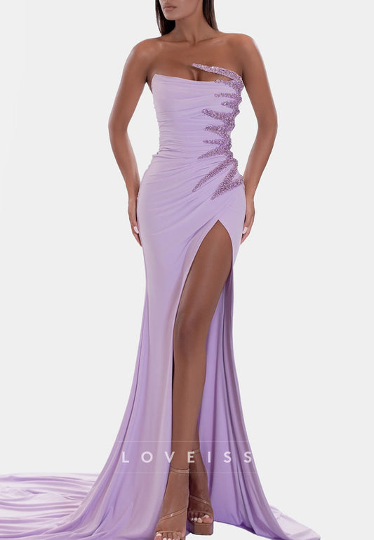 Straight Across Beaded Side Slit Mermaid Prom Dress
