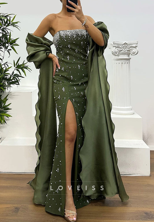 Straight Across Beaded Side Slit Sheath Evening Dress