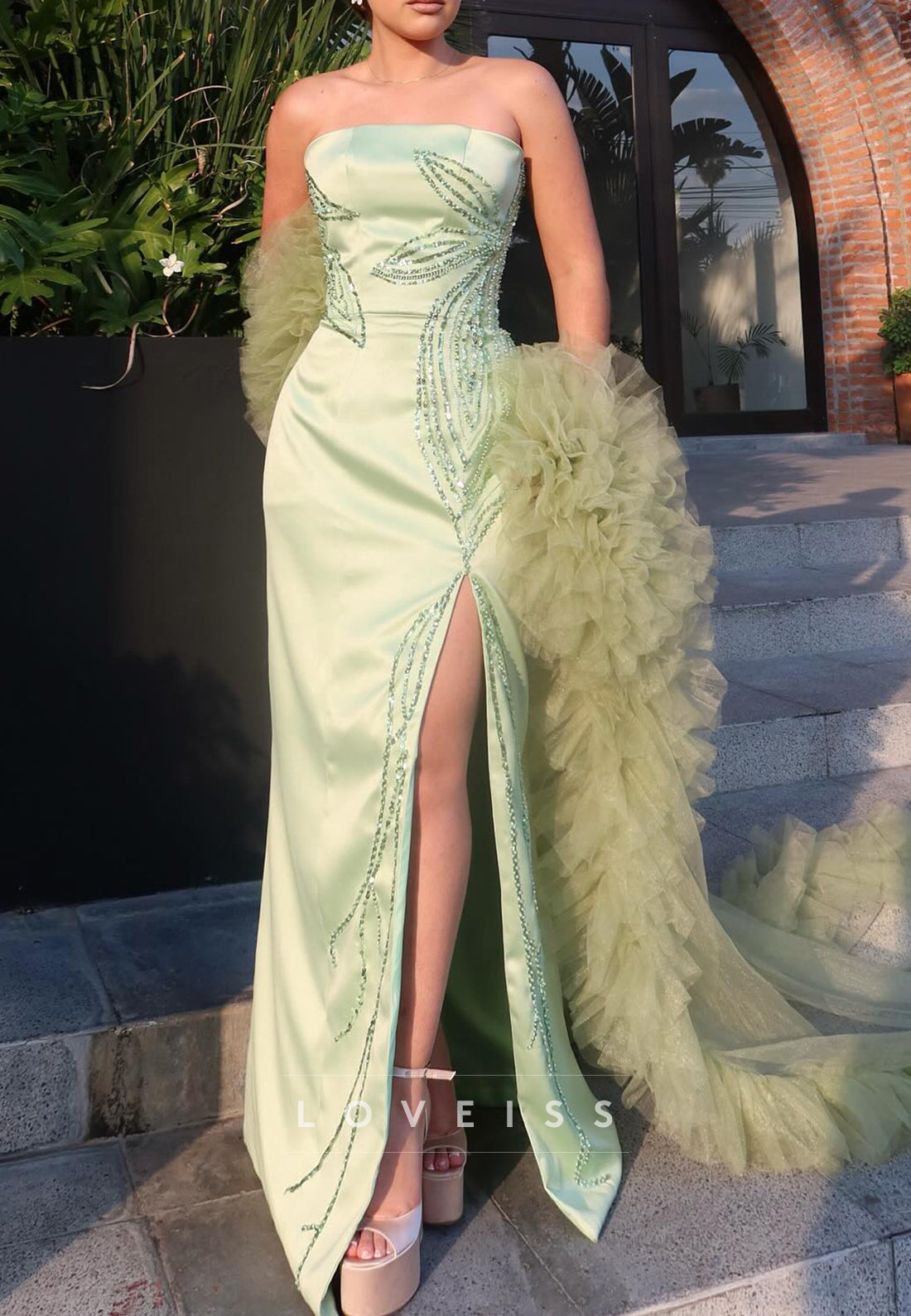 Straight Across Beaded Side Slit Shheath Evening Dress