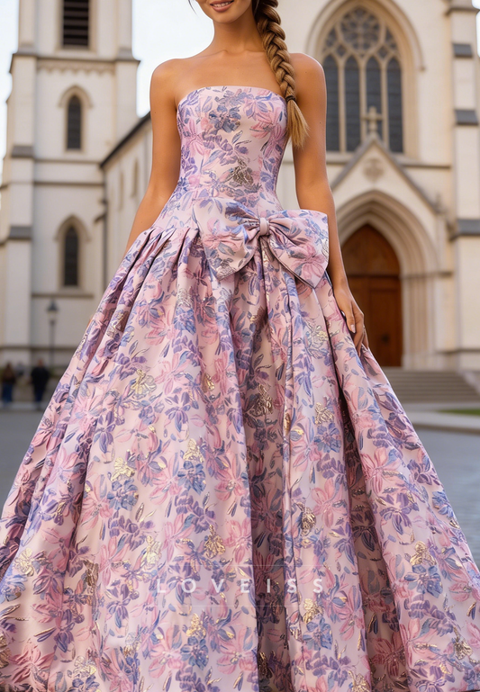 Straight Across Bow Floral  Printed Satin A-Line Prom Dress