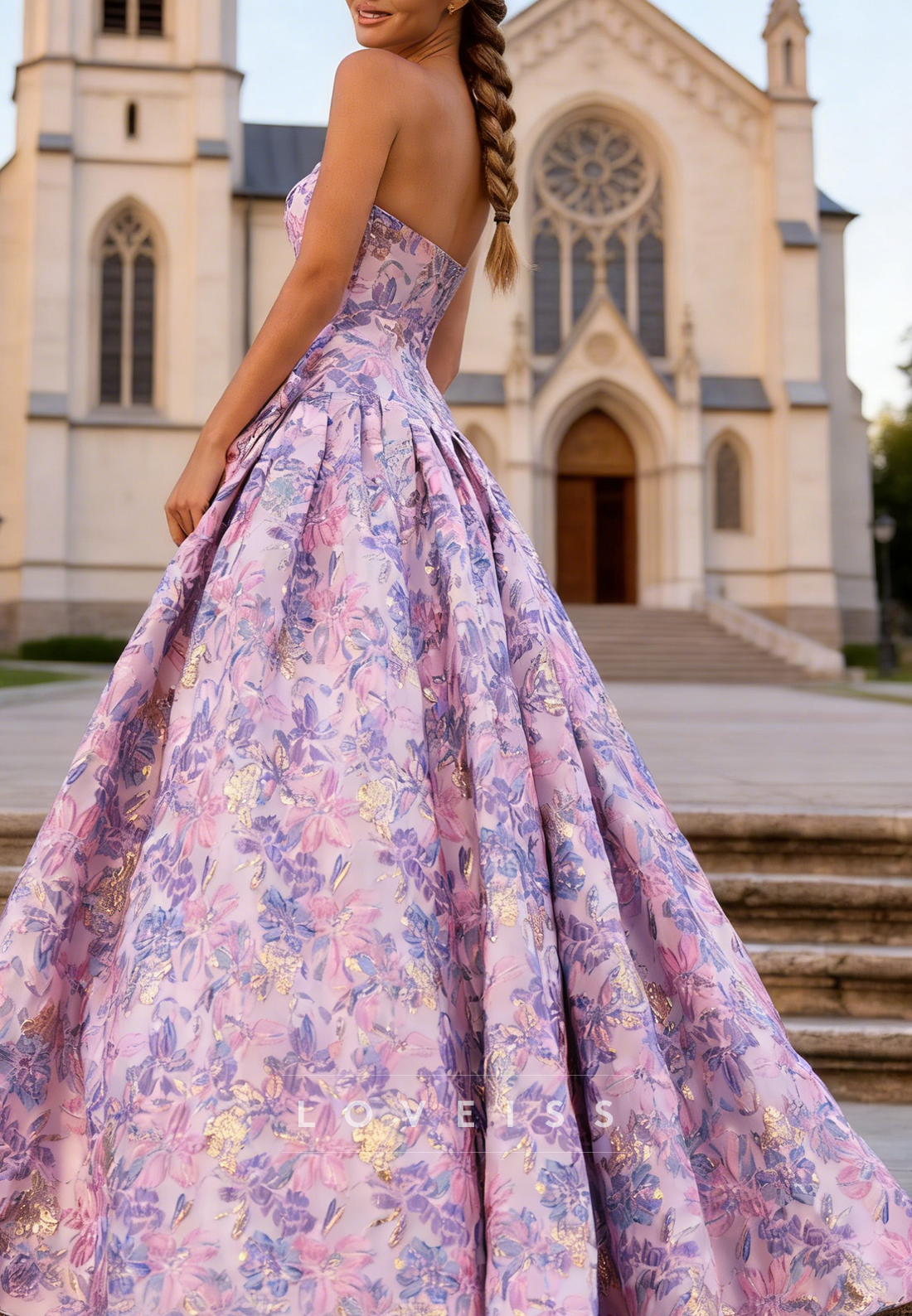 Straight Across Bow Floral  Printed Satin A-Line Prom Dress