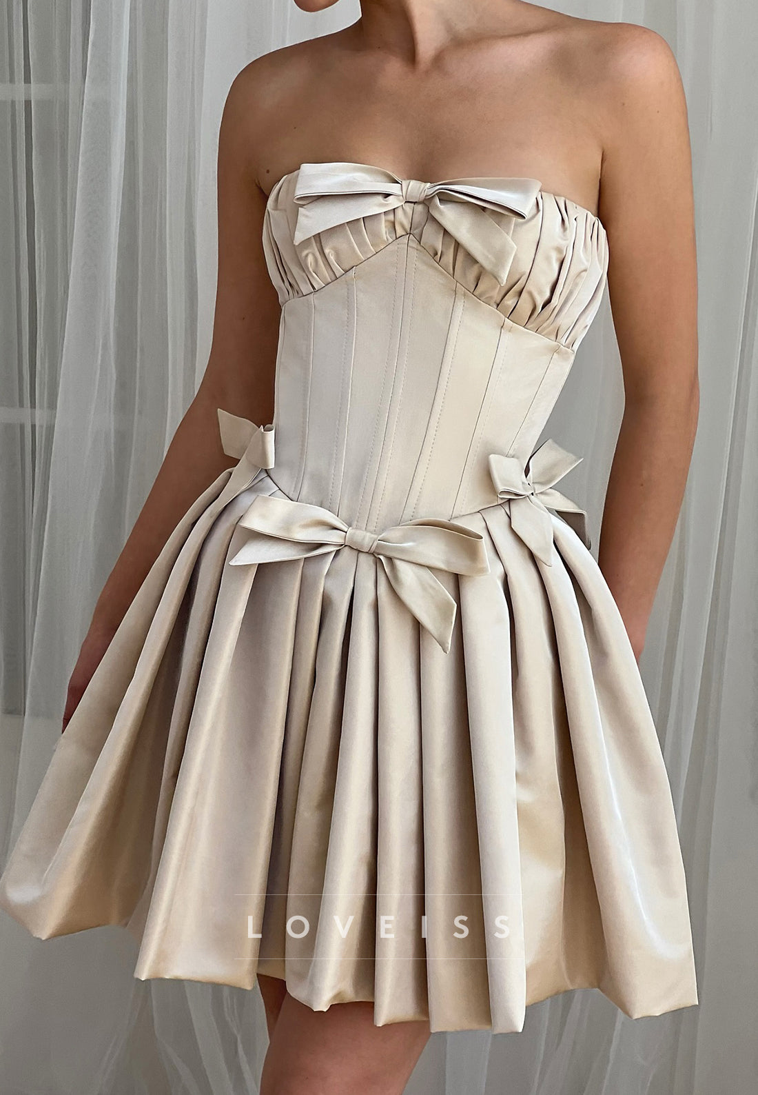 Straight Across Bow Pleated A-Line Party Homecoming Dress