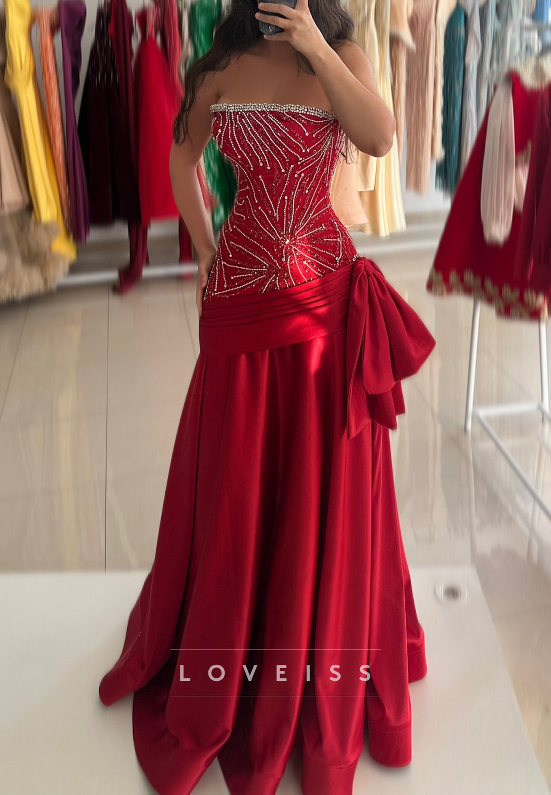 Straight Across Bow Satin Sleeveless A-Line Prom Dress