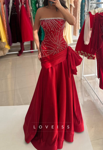 Straight Across Bow Satin Sleeveless A-Line Prom Dress