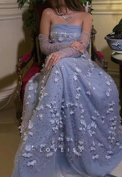 Straight Across Floral Embellished A-Line Prom Dress