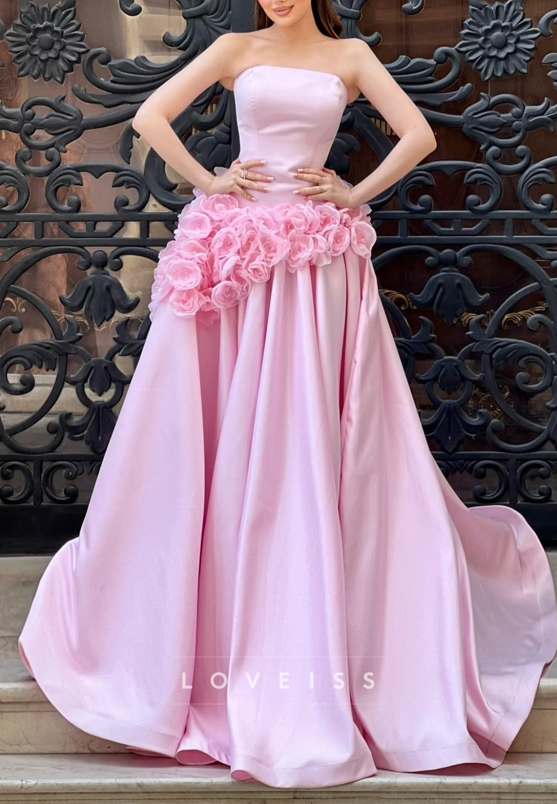 Straight Across Floral Embellished A-Line Prom Dress