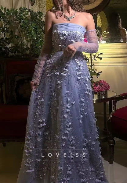 Straight Across Floral Embellished A-Line Prom Dress