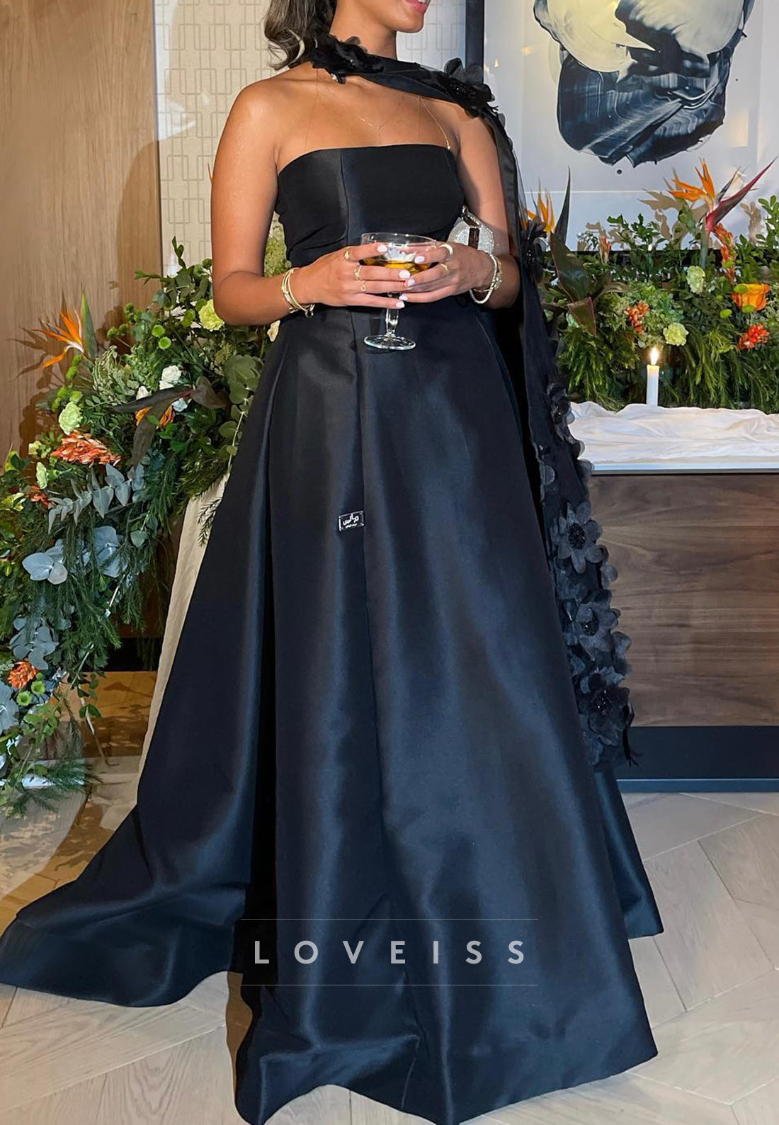 Straight Across Floral Embellished Satin A-Line Evening Dress