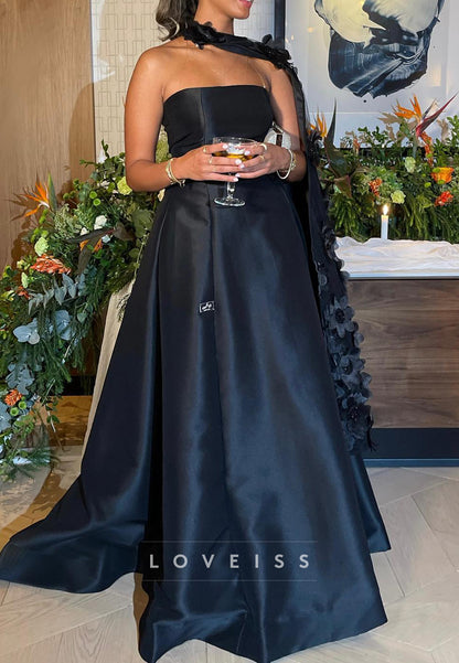 Straight Across Floral Embellished Satin A-Line Evening Dress