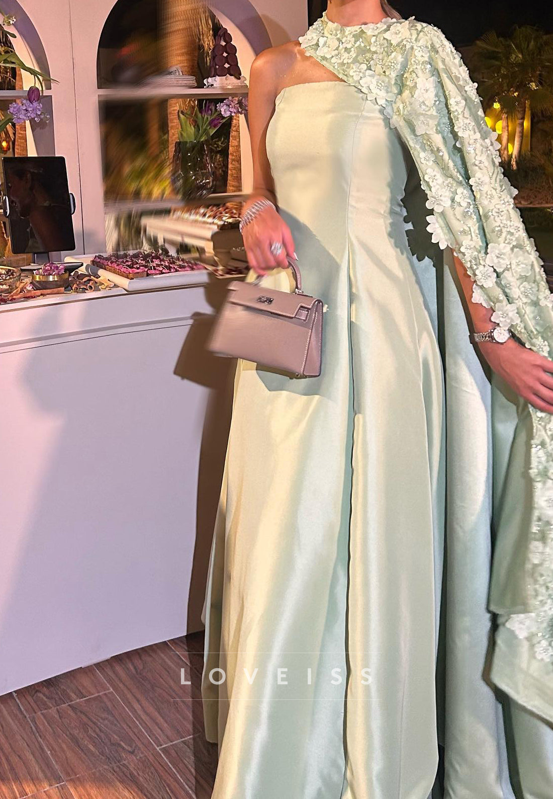 Straight Across Floral Embellished Satin A-Line Evening Dress