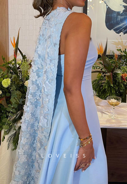 Straight Across Floral Embellished Satin A-Line Evening Dress