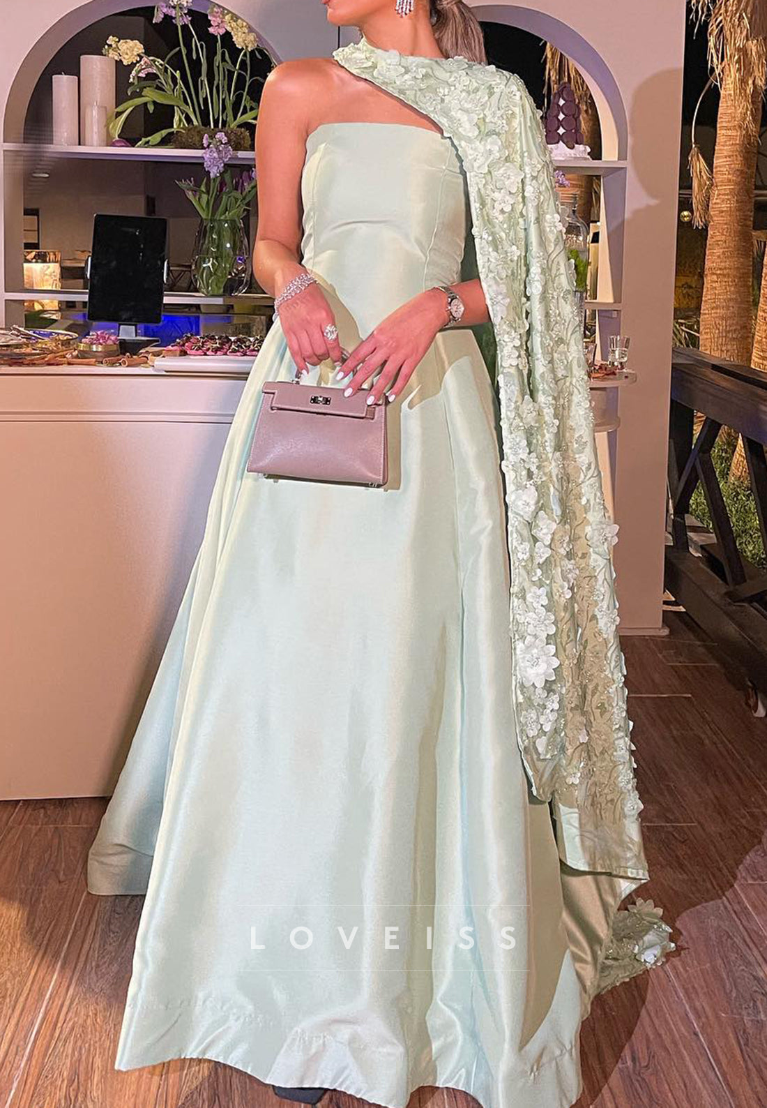 Straight Across Floral Embellished Satin A-Line Evening Dress