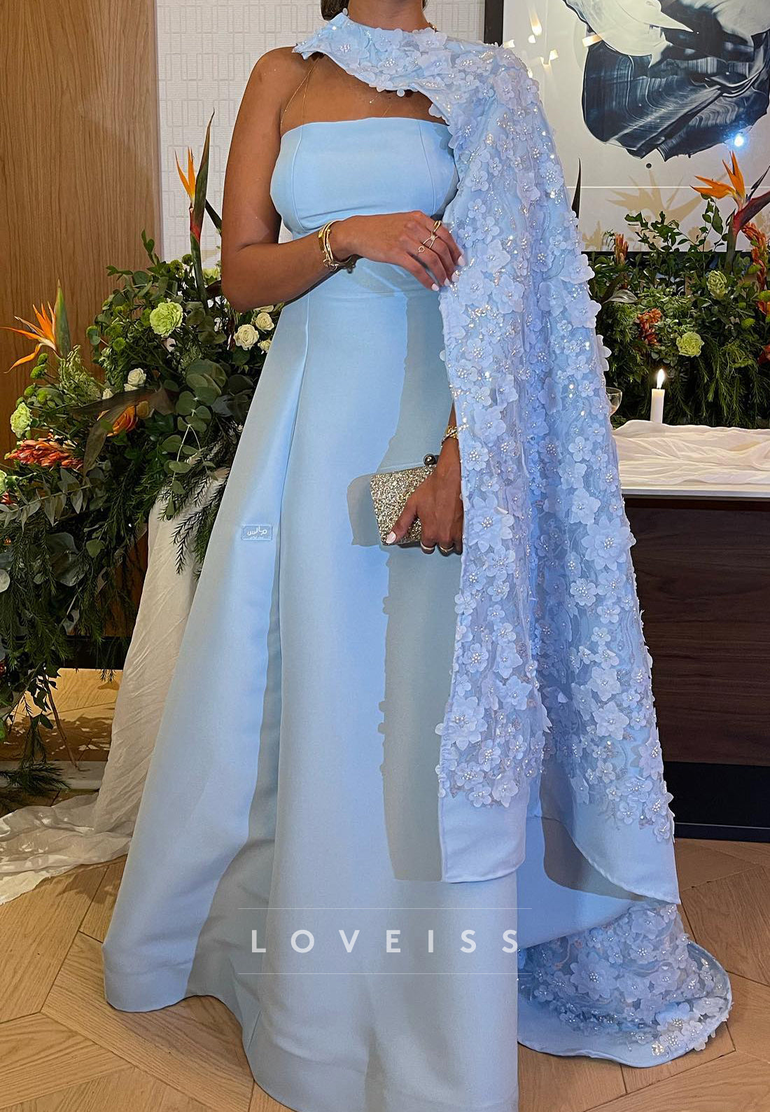 Straight Across Floral Embellished Satin A-Line Evening Dress