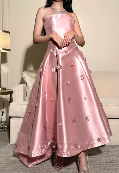 Straight Across Floral Embellished Satin A-Line Prom Dress