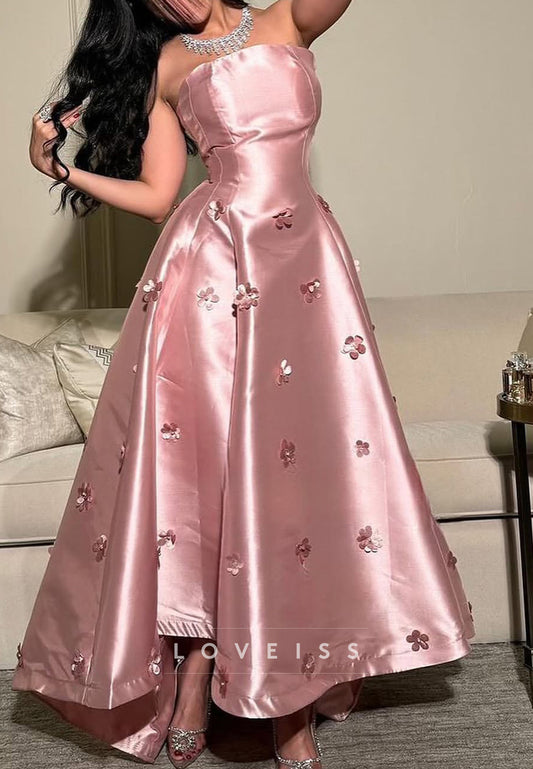 Straight Across Floral Embellished Satin A-Line Prom Dress