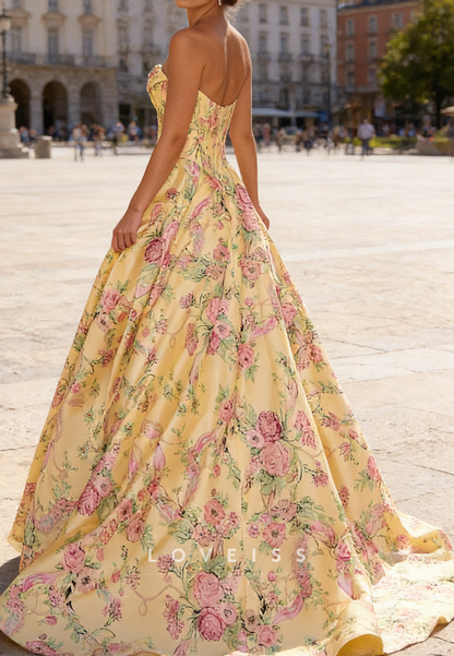 Straight Across Floral Printed A-Line Satin Prom Dress