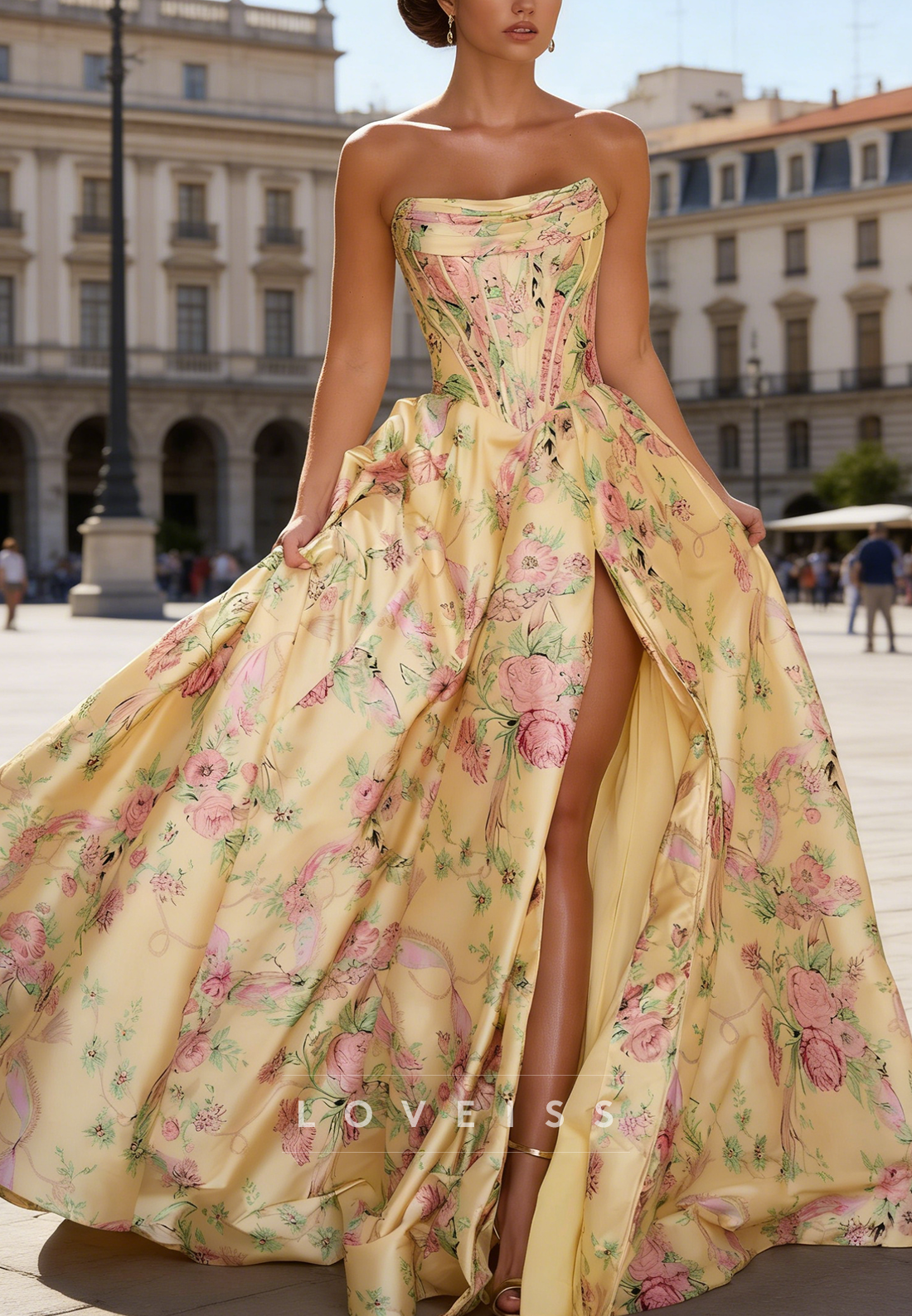Straight Across Floral Printed A-Line Satin Prom Dress